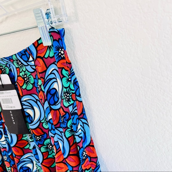 NWT ZARA WOMAN Brown & Blue Roses Floral Pleated Skater Mini Skirt - Picture 6 of 9